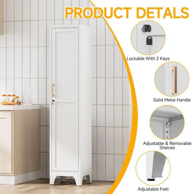 Alt view image 4 of 7 - 67"H White Metal Locker with 1 Lockable Door and 4 Adjustable Shelves For Employees, 5 Tier Narrow Storage Cabinet with Detachable Legs and Vintage Handle for Kitchen,Office,Bath,Laundry,Easy Assembly