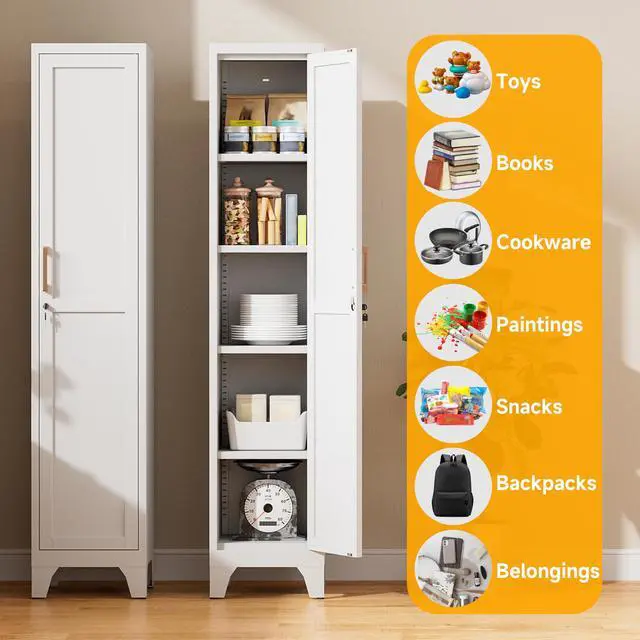 Alt view image 6 of 7 - 67"H White Metal Locker with 1 Lockable Door and 4 Adjustable Shelves For Employees, 5 Tier Narrow Storage Cabinet with Detachable Legs and Vintage Handle for Kitchen,Office,Bath,Laundry,Easy Assembly
