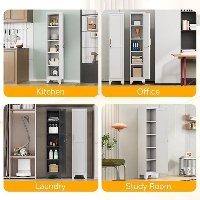 Alt view image 7 of 7 - 67"H White Metal Locker with 1 Lockable Door and 4 Adjustable Shelves For Employees, 5 Tier Narrow Storage Cabinet with Detachable Legs and Vintage Handle for Kitchen,Office,Bath,Laundry,Easy Assembly