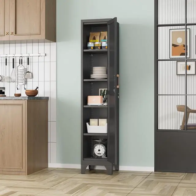 Alt view image 2 of 7 - 67"H Black Metal Locker with 1 Lockable Door and 4 Adjustable Shelves For Employees, 5 Tier Thin Storage Cabinet with Detachable Legs and Gold Handle for Kitchen,Office,Gym,School,Easy Assembly 2Pcs