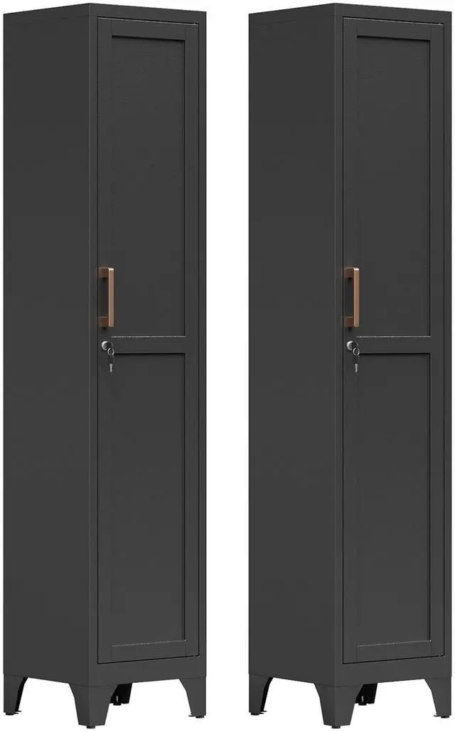 Main image of 67"H Black Metal Locker with 1 Lockable Door and 4 Adjustable Shelves For Employees, 5 Tier Thin Storage Cabinet with Detachable Legs and Gold Handle for Kitchen,Office,Gym,School,Easy Assembly 2Pcs