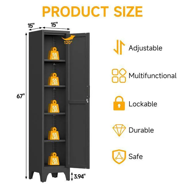 Alt view image 3 of 7 - 67"H Black Metal Locker with 1 Lockable Door and 4 Adjustable Shelves For Employees, 5 Tier Thin Storage Cabinet with Detachable Legs and Gold Handle for Kitchen,Office,Gym,School,Easy Assembly 2Pcs