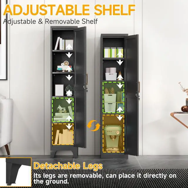 Alt view image 5 of 7 - 67"H Black Metal Locker with 1 Lockable Door and 4 Adjustable Shelves For Employees, 5 Tier Thin Storage Cabinet with Detachable Legs and Gold Handle for Kitchen,Office,Gym,School,Easy Assembly 2Pcs