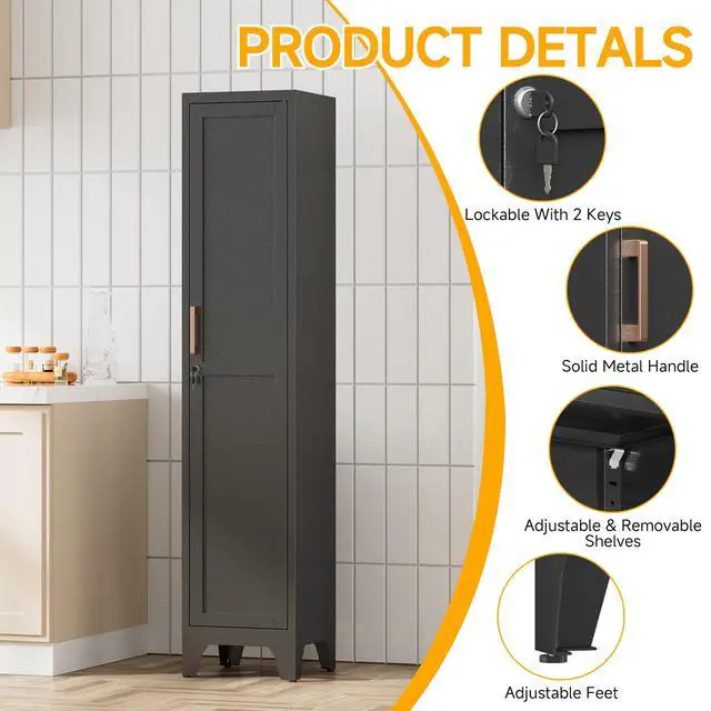 Alt view image 4 of 7 - 67"H Black Metal Locker with 1 Lockable Door and 4 Adjustable Shelves For Employees, 5 Tier Thin Storage Cabinet with Detachable Legs and Gold Handle for Kitchen,Office,Gym,School,Easy Assembly 2Pcs