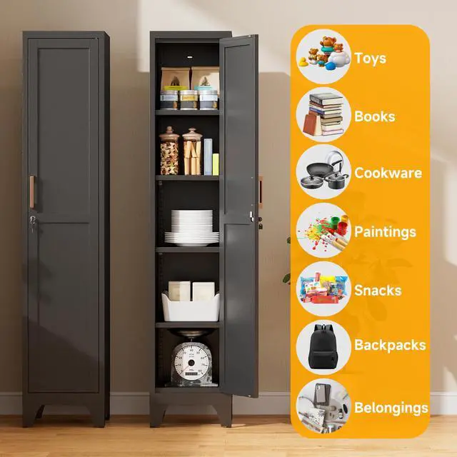 Alt view image 6 of 7 - 67"H Black Metal Locker with 1 Lockable Door and 4 Adjustable Shelves For Employees, 5 Tier Thin Storage Cabinet with Detachable Legs and Gold Handle for Kitchen,Office,Gym,School,Easy Assembly 2Pcs