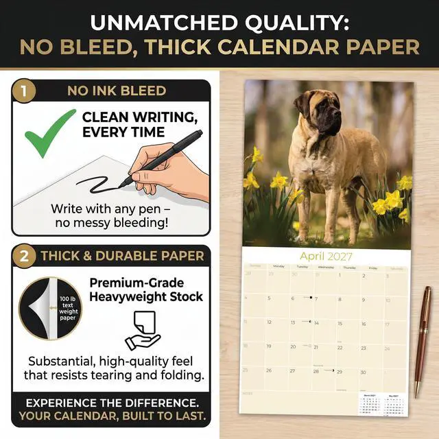 Alt view image 6 of 7 - Mastiff Calendar 2026-2027, 16-Month 12x12 Wall Calendar | 2026-2027 Calendar, Dog Lover Gift, Made in USA, Thick 100# No-Bleed Paper, Large Writing Blocks, 12x12, US Holidays