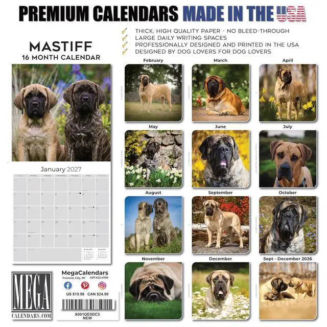 Alt view image 7 of 7 - Mastiff Calendar 2026-2027, 16-Month 12x12 Wall Calendar | 2026-2027 Calendar, Dog Lover Gift, Made in USA, Thick 100# No-Bleed Paper, Large Writing Blocks, 12x12, US Holidays