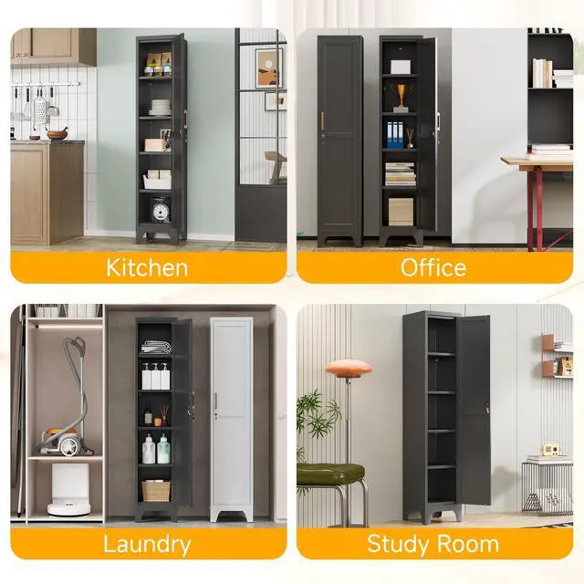 Alt view image 7 of 7 - 67"H Black Metal Locker with 1 Lockable Door and 4 Adjustable Shelves For Employees, 5 Tier Thin Storage Cabinet with Detachable Legs and Gold Handle for Kitchen,Office,Gym,School,Easy Assembly 2Pcs