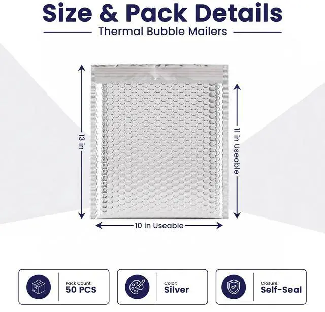Alt view image 2 of 7 - Waterproof Self-Seal Insulated Foil Thermal Bubble Mailers 10x11, 50-Pack | For food, skincare & cosmetics. Foil lining protects temperature-sensitive items