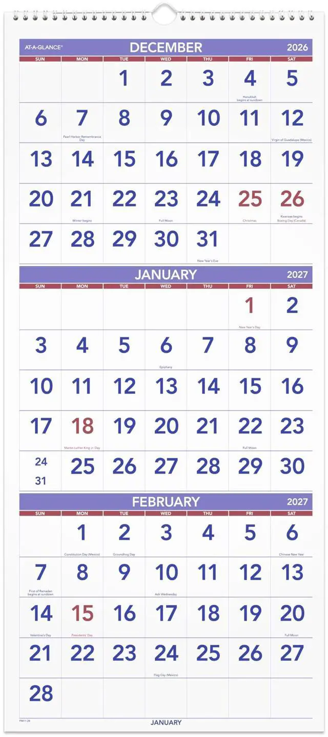 Main image of 2027 Wall Calendar, 14-Month, Dec-Jan, 12" x 27", Vertical 3-Month Reference (PM112827)