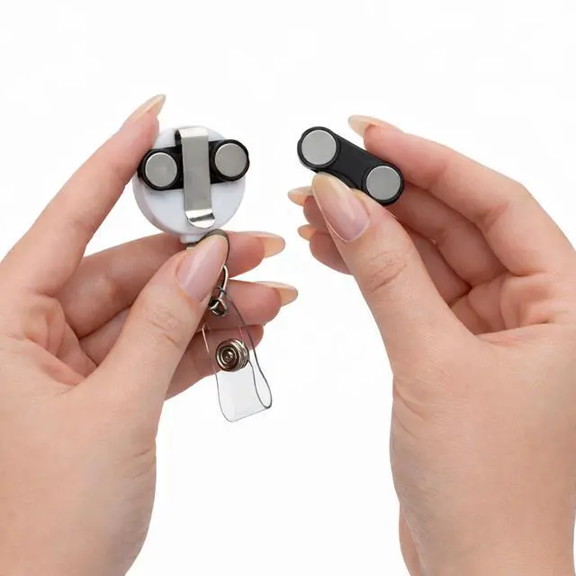 Alt view image 5 of 7 - 5 Pack - Magnetic Name Badge Holder - Retractable Badge Reel with Magnet Back - Retracting Clothing Friendly Lanyard Work ID Holder for Shirt, Lapel, Scrubs, and More by (White)