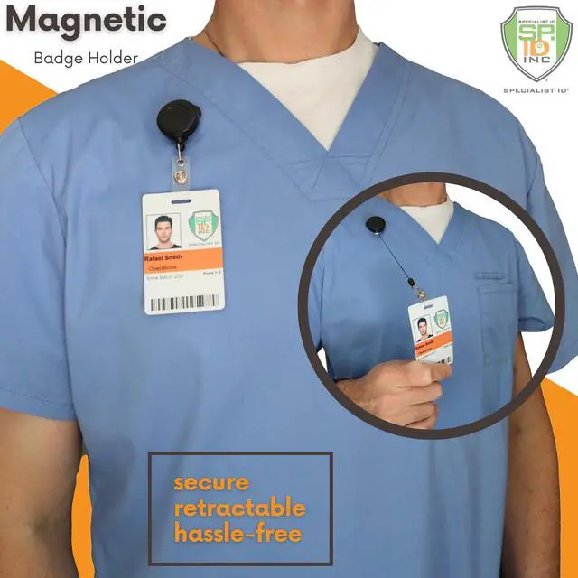 Alt view image 4 of 7 - 5 Pack - Magnetic Name Badge Holder - Retractable Badge Reel with Magnet Back - Retracting Clothing Friendly Lanyard Work ID Holder for Shirt, Lapel, Scrubs, and More by (Black)
