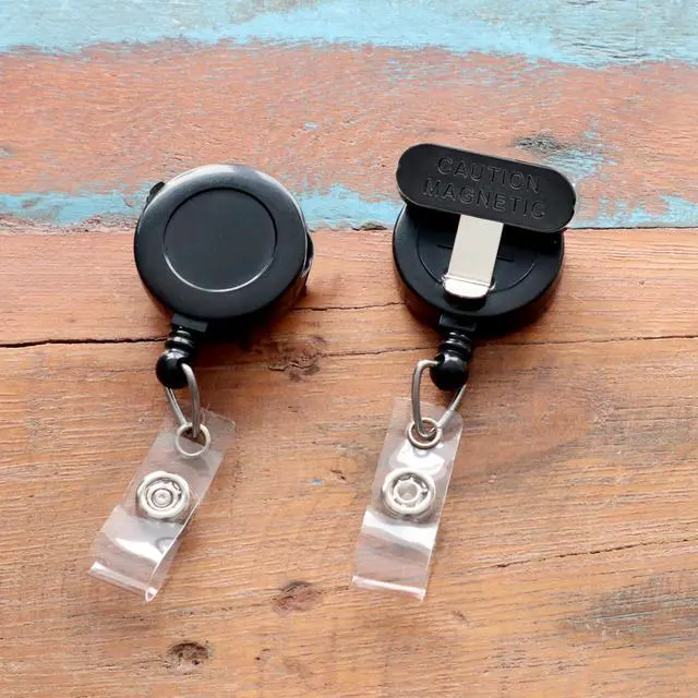 Alt view image 6 of 7 - 5 Pack - Magnetic Name Badge Holder - Retractable Badge Reel with Magnet Back - Retracting Clothing Friendly Lanyard Work ID Holder for Shirt, Lapel, Scrubs, and More by (Black)