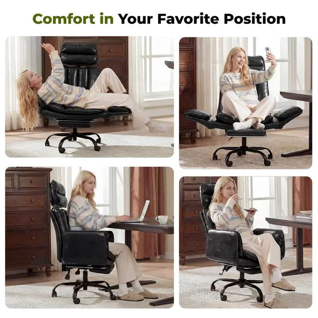 Alt view image 5 of 7 - Criss Cross Office Chair with Armrests & Wheels, Comfy Big and Tall Chair, Ergonomic Executive Gaming Computer Chairs with Foot Rest, PU Leather Wide Seat Reclining Desk Chair, Black