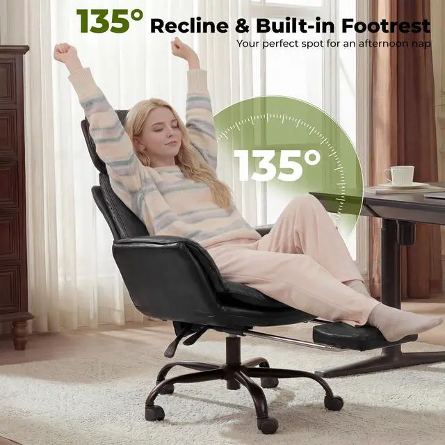 Alt view image 7 of 7 - Criss Cross Office Chair with Armrests & Wheels, Comfy Big and Tall Chair, Ergonomic Executive Gaming Computer Chairs with Foot Rest, PU Leather Wide Seat Reclining Desk Chair, Black