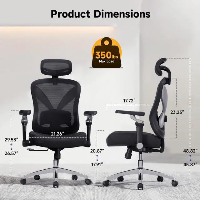 Alt view image 3 of 7 - Mesh Office Chair with Headrest, Ergonomic Reclining Desk Chair | 5D adjustable armrests, firm cushion, adjustable lumbar & 4 lock angles keep posture stable at your desk; 350-lb capacity