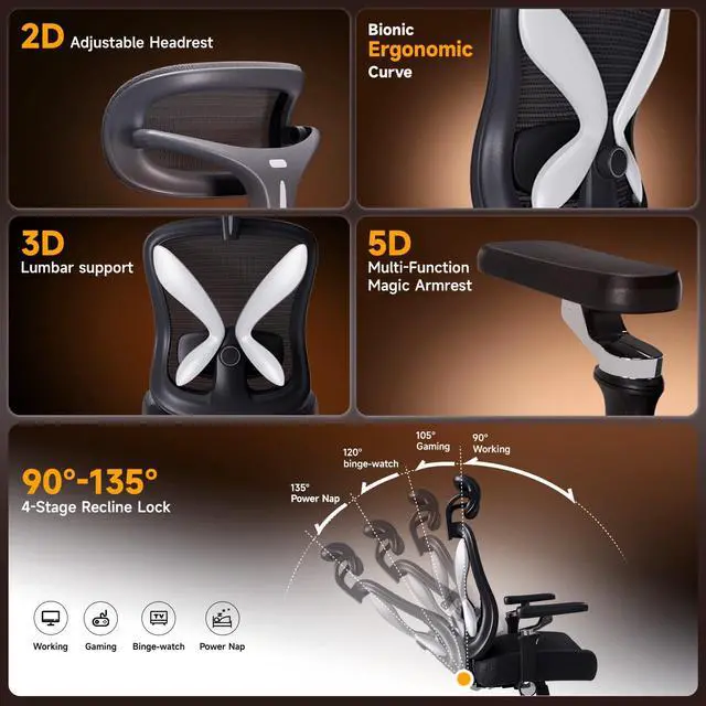 Alt view image 4 of 7 - Mesh Office Chair with Headrest, Ergonomic Reclining Desk Chair | 5D adjustable armrests, firm cushion, adjustable lumbar & 4 lock angles keep posture stable at your desk; 350-lb capacity