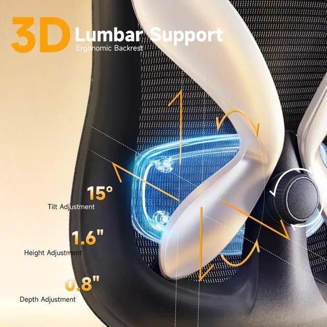 Alt view image 6 of 7 - Mesh Office Chair with Headrest, Ergonomic Reclining Desk Chair | 5D adjustable armrests, firm cushion, adjustable lumbar & 4 lock angles keep posture stable at your desk; 350-lb capacity