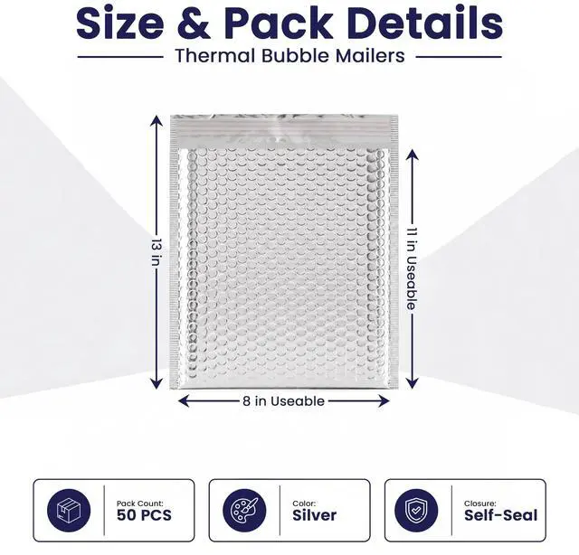 Alt view image 2 of 7 - Waterproof Self-Seal Insulated Foil Thermal Bubble Mailers 8x11, 50-Pack | For cosmetics, supplements & small perishables. Foil lining keeps items hot or cold