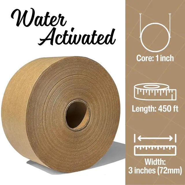 Alt view image 3 of 7 - 3'' x 450 Feet Reinforced Water Activated Gummed Kraft Paper Tape, for Standard-Duty 30 lbs Break Strength, Secure Packing Shipping, Tamper Evident Gummed Tape, Brown - 1 Roll