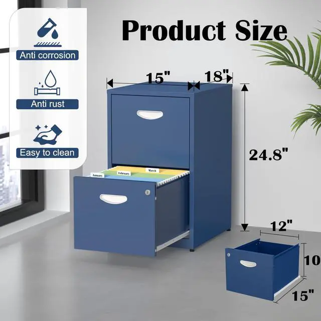 Alt view image 3 of 7 - 2 Drawer File Cabinet,Metal Office File Cabinet with Lock,Blue | Filing Cabinets for Home Office,Vertical Modern File Cabinet Office Two Drawers for Hanging Letter,Assembly Required
