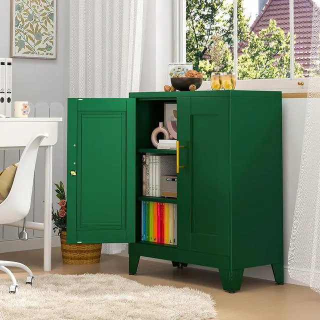 Alt view image 6 of 7 - 35.43" Metal Storage Cabinet with Lock, Metal File Cabinet with 2 Doors 2 Adjustable Shelves, Steel Locker Utility Tool Garage Cabinets for Home, Office, Warehouse (Green)