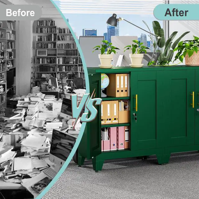 Alt view image 7 of 7 - 35.43" Metal Storage Cabinet with Lock, Metal File Cabinet with 2 Doors 2 Adjustable Shelves, Steel Locker Utility Tool Garage Cabinets for Home, Office, Warehouse (Green)