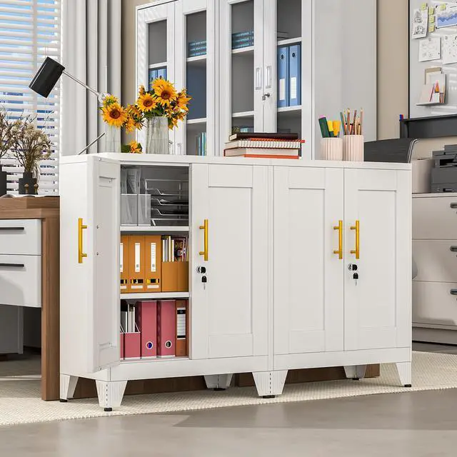 Alt view image 2 of 7 - 35.43" Metal Storage Cabinet with Lock, Metal File Cabinet with 2 Doors 2 Adjustable Shelves, Steel Locker Utility Tool Garage Cabinets for Home, Office, Warehouse (White)