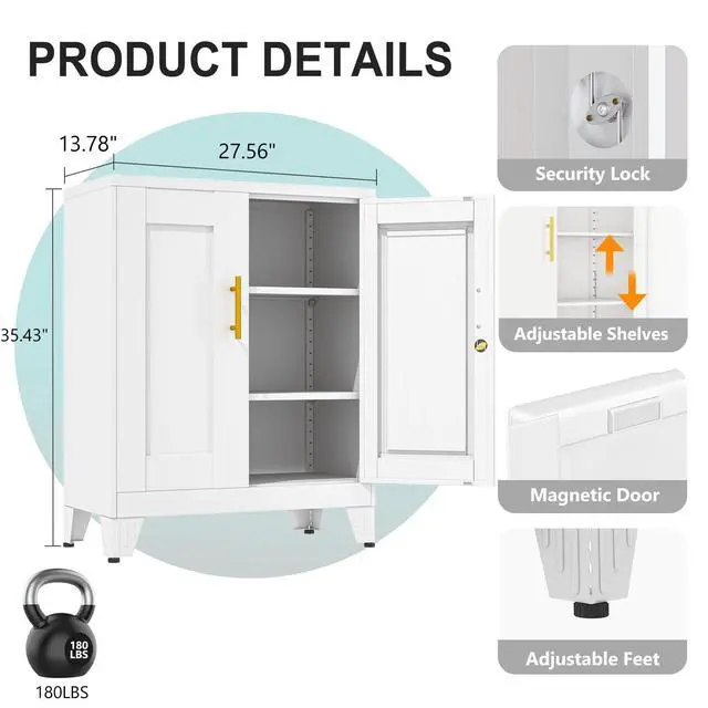 Alt view image 3 of 7 - 35.43" Metal Storage Cabinet with Lock, Metal File Cabinet with 2 Doors 2 Adjustable Shelves, Steel Locker Utility Tool Garage Cabinets for Home, Office, Warehouse (White)