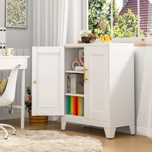 Alt view image 6 of 7 - 35.43" Metal Storage Cabinet with Lock, Metal File Cabinet with 2 Doors 2 Adjustable Shelves, Steel Locker Utility Tool Garage Cabinets for Home, Office, Warehouse (White)