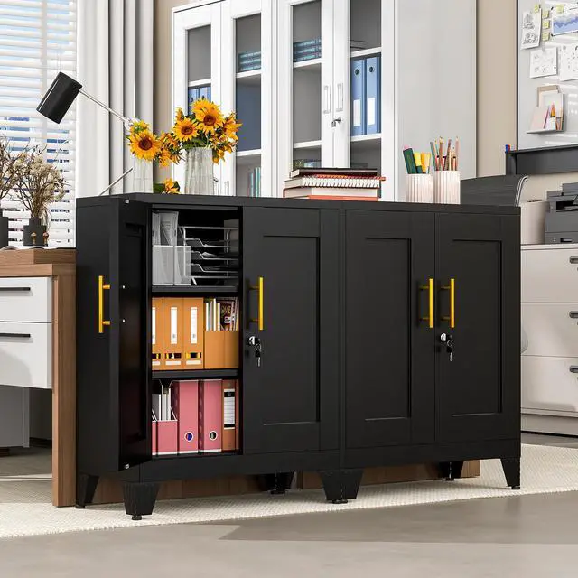 Alt view image 2 of 7 - 35.43" Metal Storage Cabinet with Lock, Metal File Cabinet with 2 Doors 2 Adjustable Shelves, Steel Locker Utility Tool Garage Cabinets for Home, Office, Warehouse (Black)