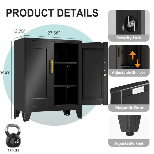 Alt view image 3 of 7 - 35.43" Metal Storage Cabinet with Lock, Metal File Cabinet with 2 Doors 2 Adjustable Shelves, Steel Locker Utility Tool Garage Cabinets for Home, Office, Warehouse (Black)