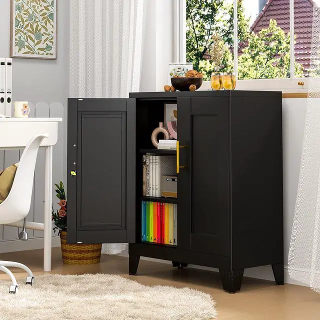 Alt view image 6 of 7 - 35.43" Metal Storage Cabinet with Lock, Metal File Cabinet with 2 Doors 2 Adjustable Shelves, Steel Locker Utility Tool Garage Cabinets for Home, Office, Warehouse (Black)
