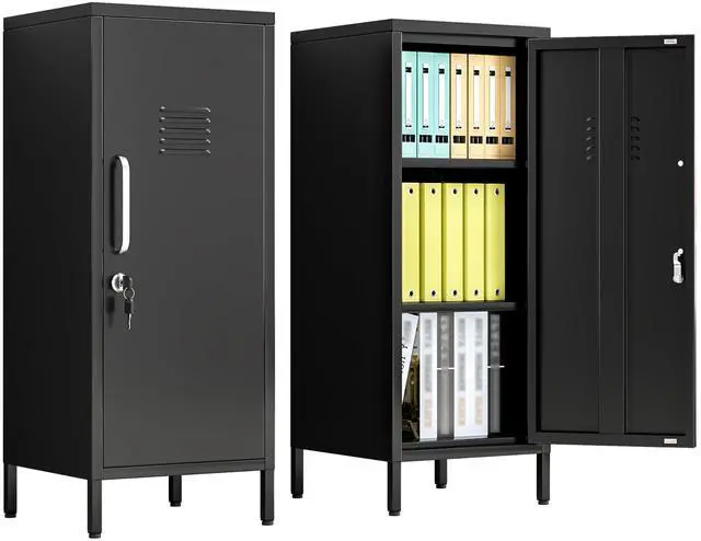 Main image of 35.43" Black Lockable Small Metal Storage Locker | Employees Locker with 1 Door & 2 Adjustable Shelves, Steel Cabinet for Employees, Home, School, Office & Gym