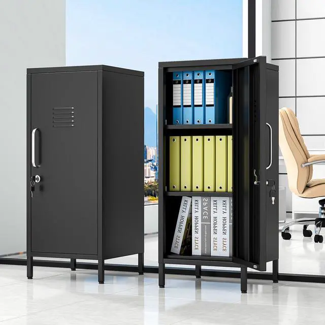 Alt view image 2 of 7 - 35.43" Black Lockable Small Metal Storage Locker | Employees Locker with 1 Door & 2 Adjustable Shelves, Steel Cabinet for Employees, Home, School, Office & Gym