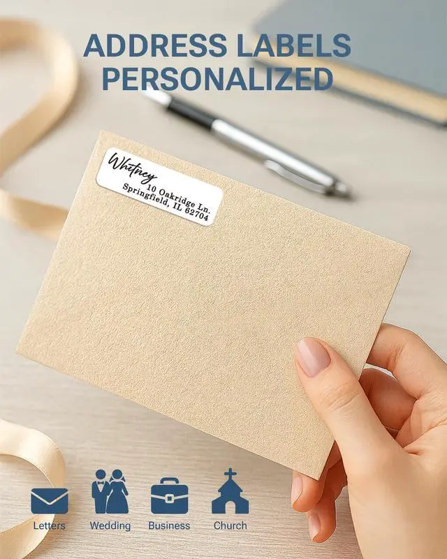 Alt view image 2 of 4 - Personalized Return Address Labels on Roll Name & Address Stickers, Roll of 50,250,500 Easy-Peel Self-Adhesive, Glossy White 2.5" x 0.75"