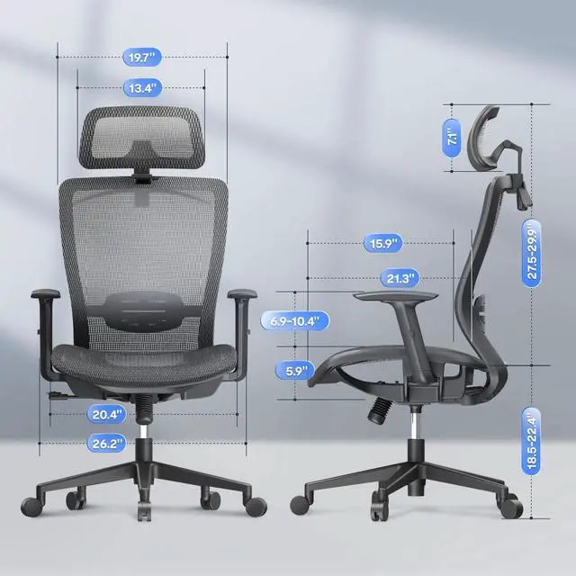 Alt view image 3 of 7 - Ergonomic Office Chair, High Back Mesh Swivel Computer Chair, Executive Office Desk Chairs, with Adjustable Lumbar Support/2D Headrest/90-130° 3-Level Reclining, OC3 Air, Gray