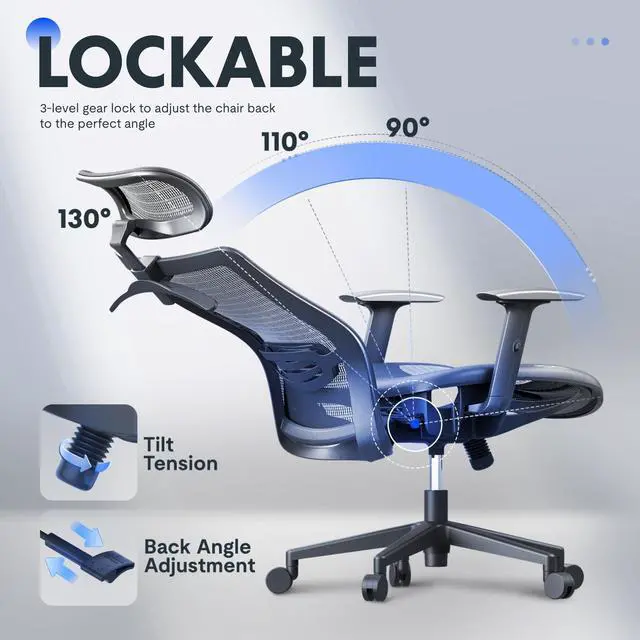 Alt view image 7 of 7 - Ergonomic Office Chair, High Back Mesh Swivel Computer Chair, Executive Office Desk Chairs, with Adjustable Lumbar Support/2D Headrest/90-130° 3-Level Reclining, OC3 Air, Gray
