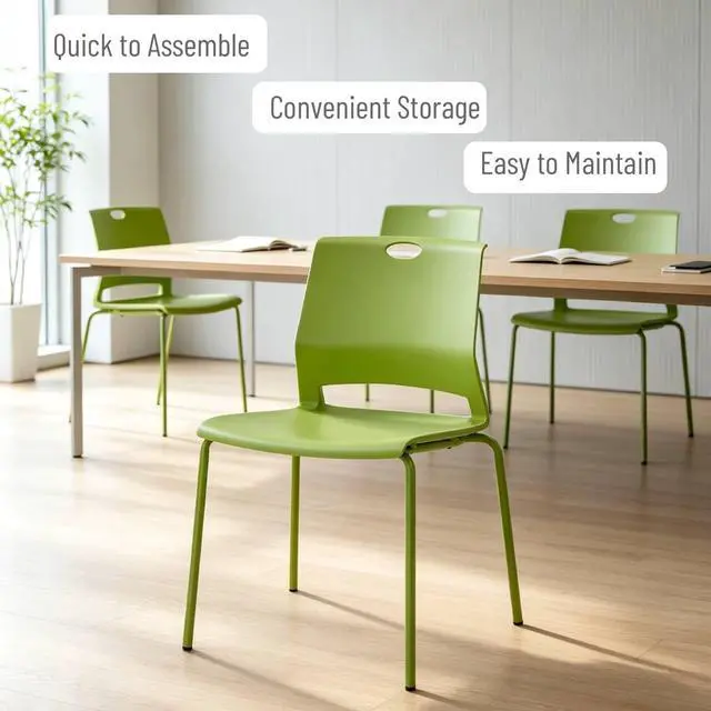 Alt view image 5 of 7 - Green Stackable Chairs Set of 4, Waiting Room Chair Plastic Seat | Green Stacking Chairs with Sturdy Metal Leg, Guest Chair for Conference/Meeting Rooms, Dining Rooms, Living Rooms, Classrooms