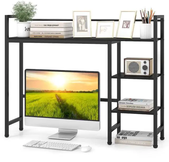 Main image of 4-Tier Desktop Bookshelf, 38.5" Dorm Desk Hutch, Black | Tabletop Hutch for Computer Monitor, 4 Open Storage Shelves, Anti-tip Device, Desktop Display Shelves for Home Office