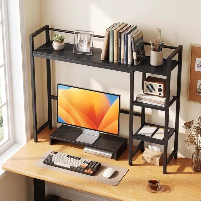 Alt view image 2 of 7 - 4-Tier Desktop Bookshelf, 38.5" Dorm Desk Hutch, Black | Tabletop Hutch for Computer Monitor, 4 Open Storage Shelves, Anti-tip Device, Desktop Display Shelves for Home Office