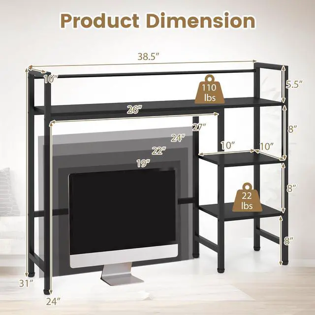 Alt view image 3 of 7 - 4-Tier Desktop Bookshelf, 38.5" Dorm Desk Hutch, Black | Tabletop Hutch for Computer Monitor, 4 Open Storage Shelves, Anti-tip Device, Desktop Display Shelves for Home Office