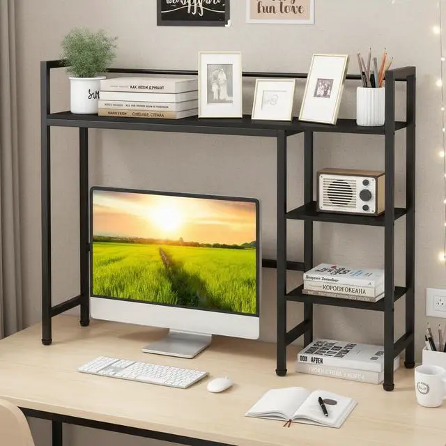 Alt view image 4 of 7 - 4-Tier Desktop Bookshelf, 38.5" Dorm Desk Hutch, Black | Tabletop Hutch for Computer Monitor, 4 Open Storage Shelves, Anti-tip Device, Desktop Display Shelves for Home Office