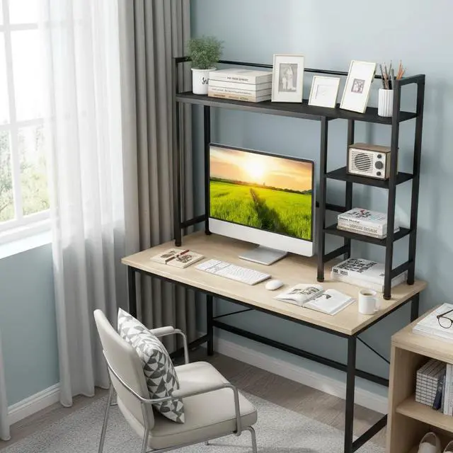 Alt view image 5 of 7 - 4-Tier Desktop Bookshelf, 38.5" Dorm Desk Hutch, Black | Tabletop Hutch for Computer Monitor, 4 Open Storage Shelves, Anti-tip Device, Desktop Display Shelves for Home Office
