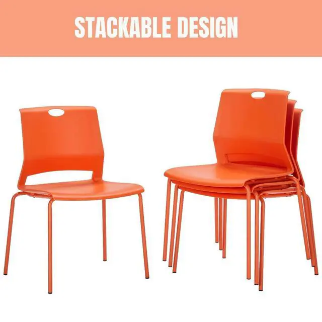 Alt view image 4 of 7 - Orange Stackable Chairs Set of 4, Comfy Waiting Room Chair Plastic | Stacking Chairs with Sturdy Metal Legs & Durable Plastic Seat, Guest Chair for Conference Rooms, Living Rooms, Classrooms