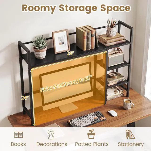 Alt view image 6 of 7 - 4-Tier Desktop Bookshelf, 38.5" Dorm Desk Hutch, Black | Tabletop Hutch for Computer Monitor, 4 Open Storage Shelves, Anti-tip Device, Desktop Display Shelves for Home Office