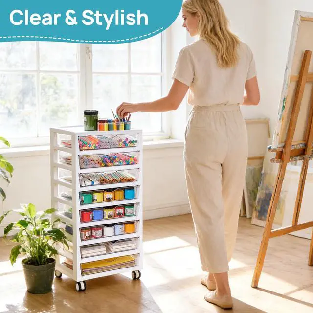 Alt view image 2 of 6 - 8 Tier Rolling Cart with Drawers, Clear Plastic | Removable Dividers, Visible Storage, Sturdy Design, For Building Blocks, Toys, Art, Office & Craft Supplies