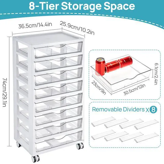 Alt view image 3 of 6 - 8 Tier Rolling Cart with Drawers, Clear Plastic | Removable Dividers, Visible Storage, Sturdy Design, For Building Blocks, Toys, Art, Office & Craft Supplies