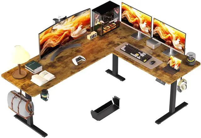 Main image of 75x61 Inches Reversible L Shaped Standing Desk Height Adjustable with Cup Holder, Electric Corner Computer Workstation for Home Office, Ergonomic Sit Stand up Gaming Desk, Rustic Brown