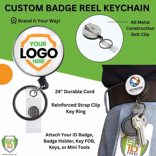 Alt view image 2 of 7 - 10 Pack - Heavy Duty Custom Badge Reel Keychain Photo or Logo Personalized Retractable Key Chain - Customized Rugged Case Key Ring Reel Badge Holder with Steel Belt Clip by